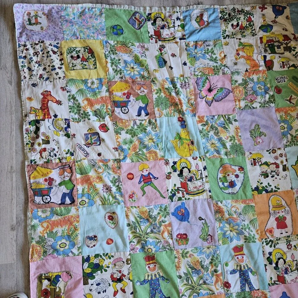 Vtg Handmade Blanket Boho Quilt Colorful Coverlet 62x83 70s 80s Fairy Tales